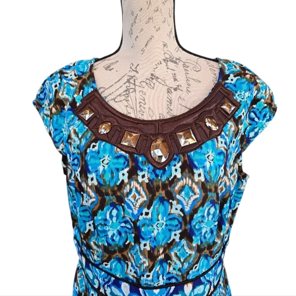 Sangria Turquoise Brown Floral Tribal Print Short Cap Sleeve Dress 12